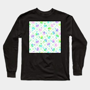 Window Pane Diagonal Floral Green Line on White Long Sleeve T-Shirt